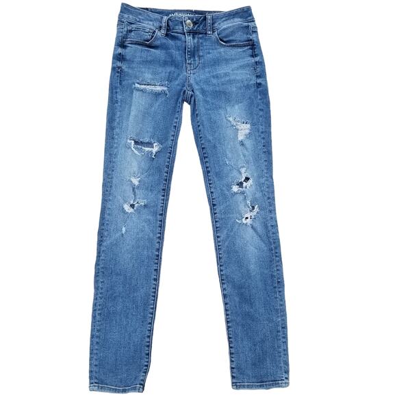 Distressed Jeans AEO Size 4 Super Stretch Denim American Eagle Outfitters Skinny - Picture 1 of 10